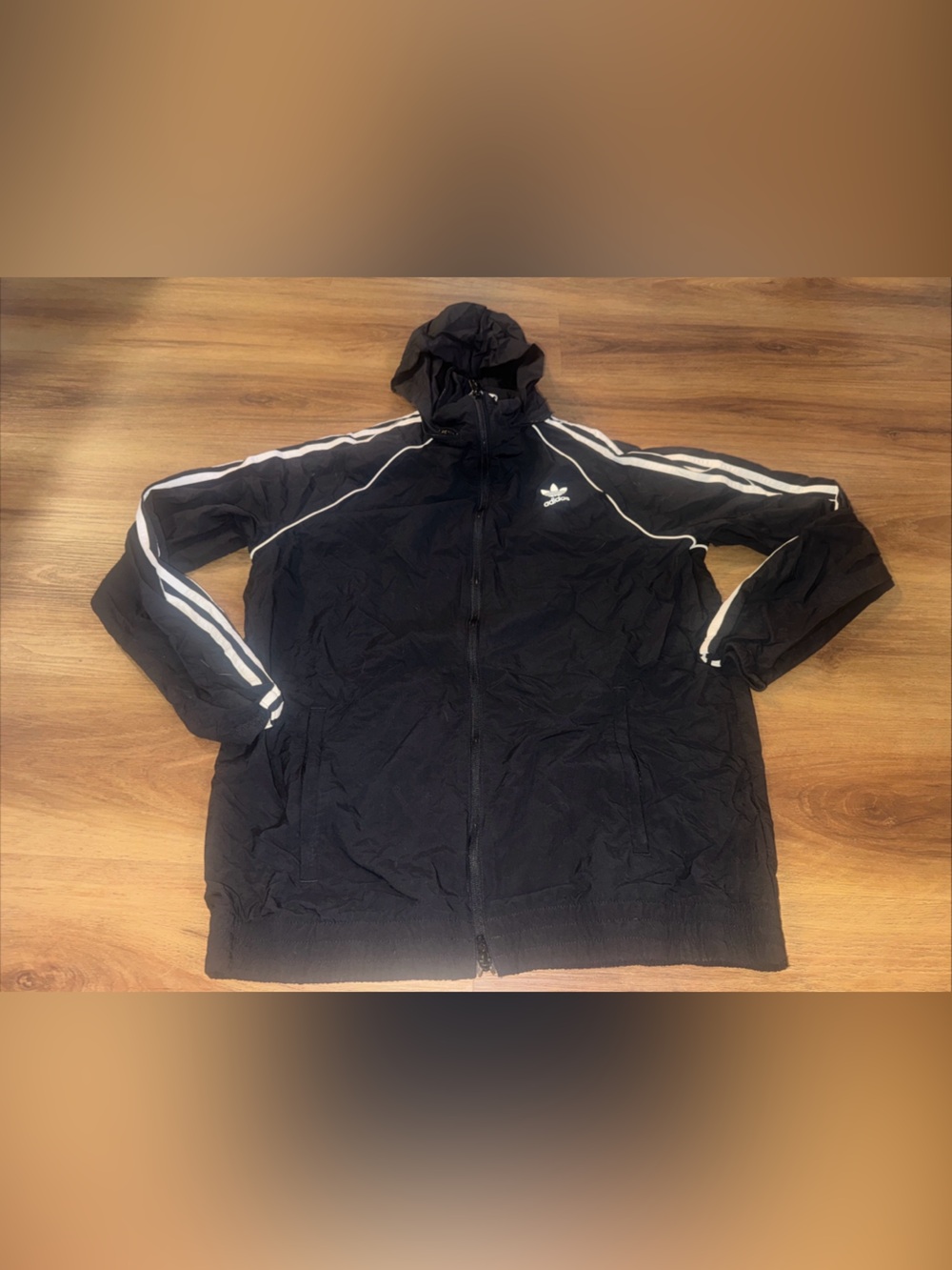 Adidas Jacket Mens Large Black Hooded 3 Stripe Windbreaker Full Zip Back Logo